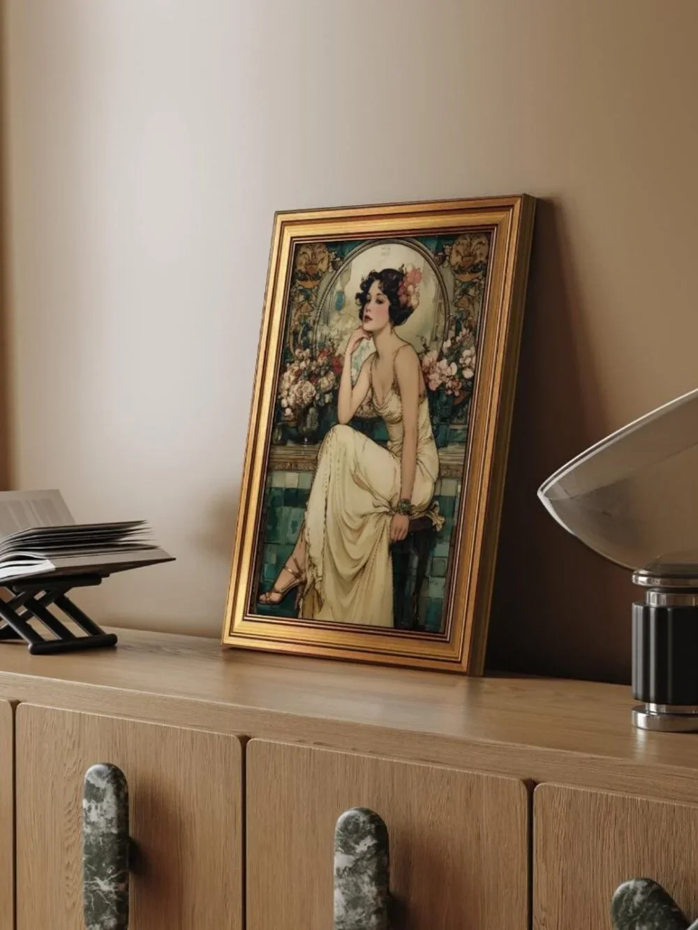 Vintage Floral Wall Art Print - 1920s Girl Painting in Gold Frame, Elegant Home